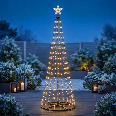 Produktbild von Lichterbaum mit Stern Spitze 210 cm für Außen mit Fernbedienung und Timer - 370 LED - Metall Weihnachtsbaum in schwarz warmweiß mit Lichteffekten