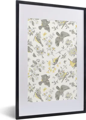 Produktbild von MuchoWow® MuchoWow® Gerahmtes Poster Blumen - Vogel - Muster 40x60 cm - Poster mit zchwarzem Bilderrahmen - Poster in Rahmen