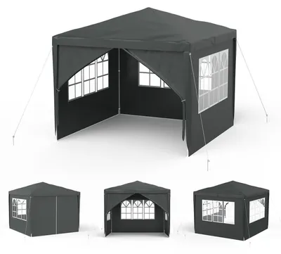 Produktbild von Gartenpavillon Wasserdicht 3x3 m Anthrazit mit 4 Seitenwänden und Reißverschlusstür