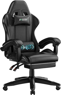 Produktbild von Gaming Stuhl mit Massagefunktion, Ergonomisch Gaming Chair Schwarz | Gaming Sessel mit Fußstütze, verstellbare Rückenlehne 90-135°, PC-Stuhl Massage-Lendenkissen für Erwachsene, Mädchen&Jungen
