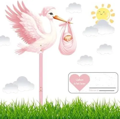 Produktbild von Sonstige Babyausstattung Klapperstorch Baby-Geburtsset, 83 cm großer Babystorch, großer süßer Klappstorch aus Holz für Babys, doppelseitig bedruckt, G
