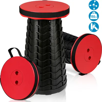 Two collapsible stools, one extended and one collapsed, displayed against a white background.