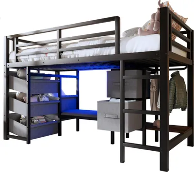 Produktbild von Hochbett mit LED-Beleuchtung, Rausfallschutz, Lattenrost, Schubladen, Leiter, Kleiderstange, Sitzbank, 90x200cm, Kinderbett, Metallbett