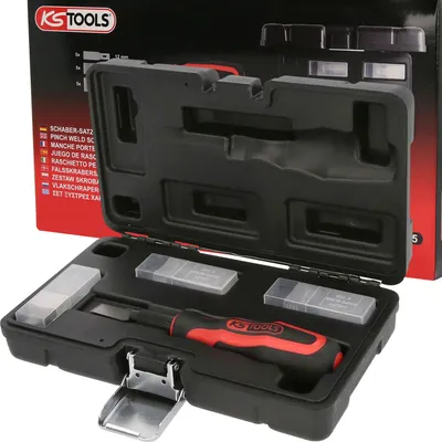 A black plastic case containing a set of tools, including a screwdriver with a red and black handle and several blades in clear plastic cases.