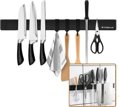 Zdjęcie produktu dla Magnetyczny stojak na noże 50cm stal nierdzewna czarny z 3 haczykami magnetycznymi samoprzylepnymi
