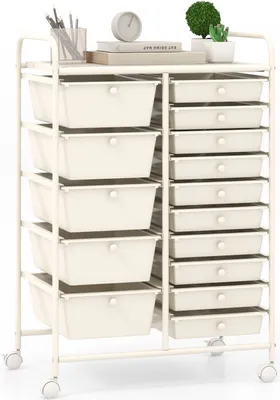 A rolling storage cart with multiple drawers and a top shelf.