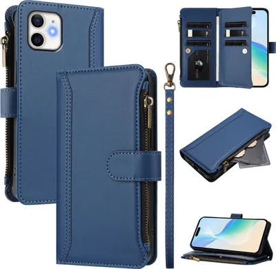 Obrázek produktu pro Pouzdro pro iPhone 11, zipem, peněženkovéPolyuretankožené flip pouzdro s kapsami na karty, stojánkem a poutkem na ruku modrý