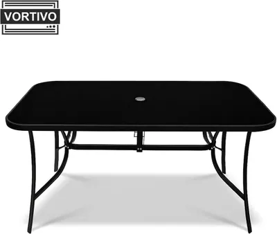 Produktbild von VORTIVO 8-teiliges Gartenmöbel-Set für 6 Personen mit Sonnenschirm – stapelbare Stühle, Tisch mit Glasplatte – wetterfest – Schwarz
