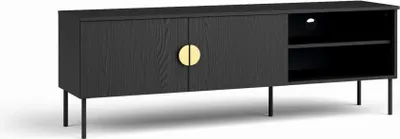 A black TV stand with a gold handle, shown from a front-side angle on a white background.