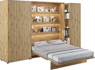 Produktbild von Wohnwand mit Schrankbett Bed Concept 140x200 Lenart Kleiderschrank Regalschrank Regal Led Beleuchtung Artisan Eiche/Schwarz