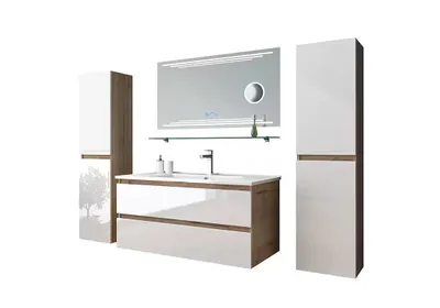 Produktbild von Badmöbel-Set Leonard badmöbel Set Eiche/Weiß Kosmetik Spiegel 90 cm