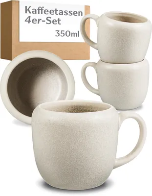 Produktbild von Cosumy 4er Kaffeetassen Set Weiß – 350 ml Kaffeebecher – Dickwandiges Steingut Geschirr, das Lange Warm Hält – Elegante Kaffeetasse mit Handglasierter