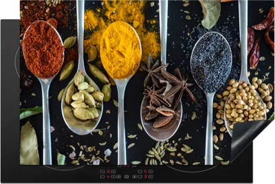 Produktbild von KitchenYeah© Herdabdeckplatte Löffel - Gewürze - Kräuter - Essen - Tisch , 81x52cm, Küche Deko, Glaskeramikkochfeld Herdabdeckung, Abdeckplatte fùr Kochfeld