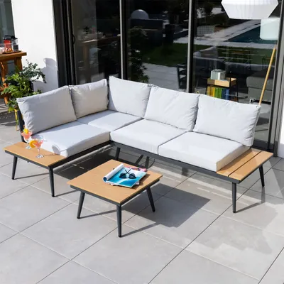 Produktbild von Gartenlounge PAROS, grau - Outdoor Sofa mit Beistelltisch aus Alugestell und Holzoptik, Eckbak mit Sitzkissen und Rückenpolster für Terrasse & Garten