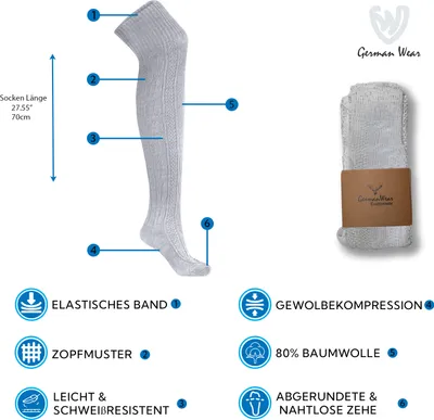 Produktbild von Lange Trachtensocken trachtenstrümpfe overknee Strümpfe 70cm, Größe:44-46, Farbe:Weiss