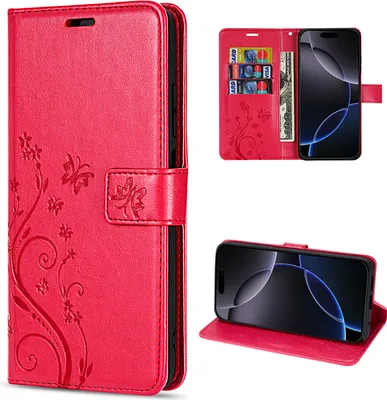 Produktbild von iPhone 16 Pro Handyhülle – Klapphülle Schutzhülle Tasche mit Magnetverschluss & Kartenfächern Rot