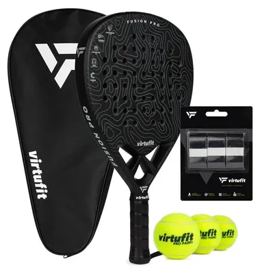 Produktbild von VirtuFit Fusion Pro Padel Set Schwarz Grau mit Tasche, Overgrips und 3 Bällen