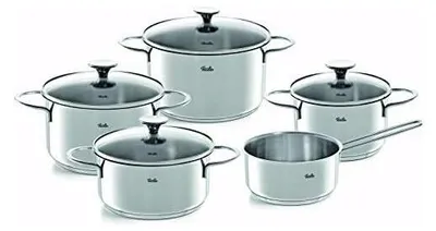 Produktbild von Fissler Copenhagen Topf-Set 5-tlg., Töpfe mit Glas-Deckel, Induktion, alle Herdarten (3 Kochtöpfe, 1 Bratentopf, 1 Stielkasserolle-deckellos), Edelstahl, 5-teilig