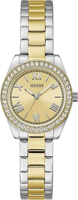 A close-up studio shot of a women's wristwatch with a two-tone metal band and a crystal-embellished bezel.