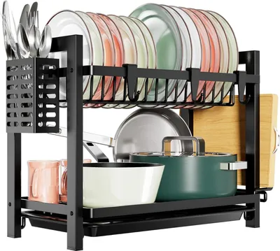 Produktbild von Schwarzer, zweistöckiger Abtropfkorb aus Edelstahl (43,5 x 24,5 x 34,5 cm) mit Besteckhalter und Abtropfschale.