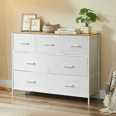 Produktbild von CASABEL Kommode mit 7 Schubladen aus verstärktem Stoff, Metallrahmen und Holzplatte, praktische Kommode mit Schubladen 100x30x75 cm für Schlafzimmer, Wohnzimmer oder Flur, Weiß
