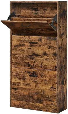 Produktbild von Famanu Schuhschrank mit 3 Klapptüren - Holz Aufbewahrungsschrank - Schmal - 60 x 24 x 120 cm - Rustikales Braun