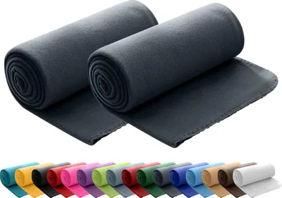 Two rolled-up fleece blankets are shown, with a row of differently colored rolled blankets displayed below them.