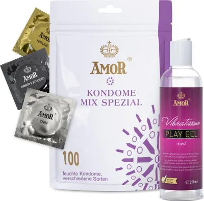 Obrázok produktu pre AMOR Premium kondóm a lubrikant, Mix Special 100 kondómov Ø 53 mm, 5 druhov + Vibratissimo Play Gel med 250 ml