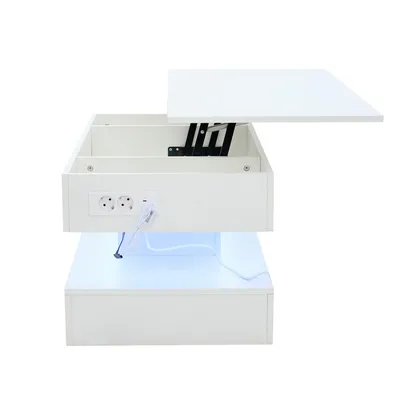 Produktbild von Merax Couchtisch höhenverstellbar mit LED, verstecktem Stauraum & EU-Steckdose, App-gesteuert, 100x50x42 cm, Weiß