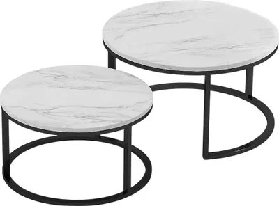 Produktbild von Fortuna Lai Couchtisch 2er Set Beistelltisch Rund 80 x 45 cm & 60 x 33 cm Wohnzimmertisch Sofatisch Marmor Muster Holztisch Metallrahme Schwarz