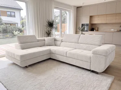 Image de AX LIVING, canapé d'angle Konak, couleur crème, largeur 276 cm, avec coffre de rangement et repose-têtes