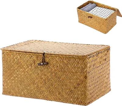 Zdjęcie produktu dla Koszyk do przechowywania wykonany z trawy morskiej, ręcznie tkany, o wymiarach 32,5 x 22 x 14,5 cm, idealny do przechowywania ubrań