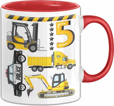 Produktbild von 5. Geburtstag Geschenk Tasse Becher Jungen Jungs Baustelle Polizei Geburtstagsgeschenk 5 (Rot)