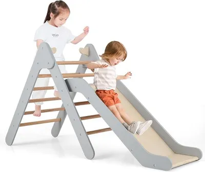 Imagen del producto de Estructura triangular con tobogán, juego de escalada de madera, estructura triangular con barras para deslizarse y escalar, para niños a partir de 1 año (gris)