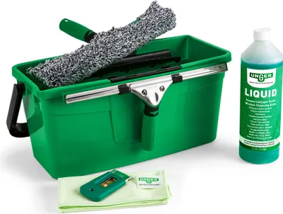 A set of window cleaning tools including a bucket, squeegee, scrubber, and cleaning liquid.