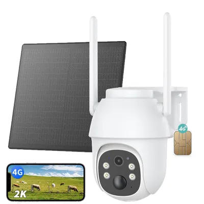 Image de 4G LTE caméra de surveillance extérieure solaire avec carte SIM 2K HD 3MP PTZ caméra sans fil sans WLAN extérieur batterie couleur/IR vision de nuit détection PIR