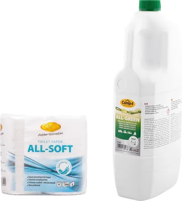 Produktbild von Camp4 All Green Öko Toilettenflüssigkeit 2 L + Allsoft Toilettenpapier Sanitärflüssigkeit Chemietoilette Toilettenflüssigkeit Campingtoilettenpapier