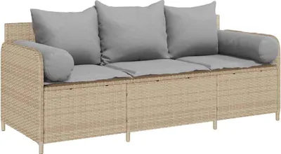 Immagine prodotto di vidaXL Divano da giardino con cuscini a 3 posti in Poly Rattan beige