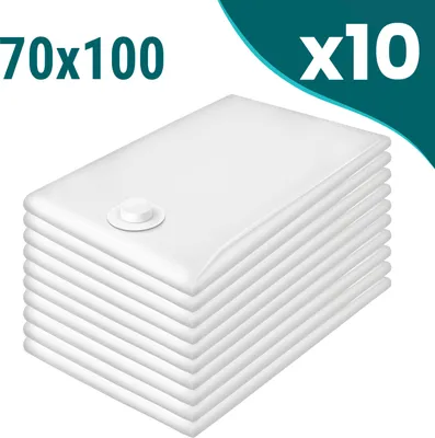 A stack of white vacuum seal bags with a valve on the top bag.