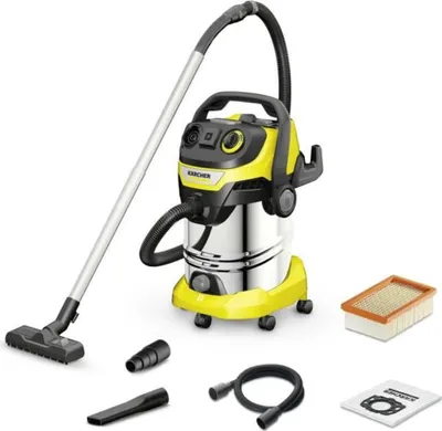 A Kärcher vacuum cleaner and its accessories are displayed against a white background.