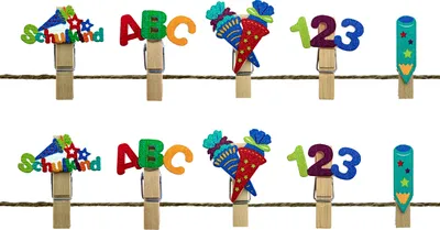 Produktbild von Oblique Unique 10 Mini Wäscheklammern Holz Miniklammern mit Schulkind 123 ABC Motiv für Schuleinführung Einschulung - bunt