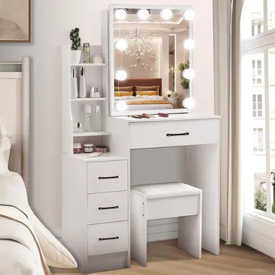 Image de Coiffeuse avec éclairage LED et miroir - Coiffeuse de maquillage MDF en 3 couleurs