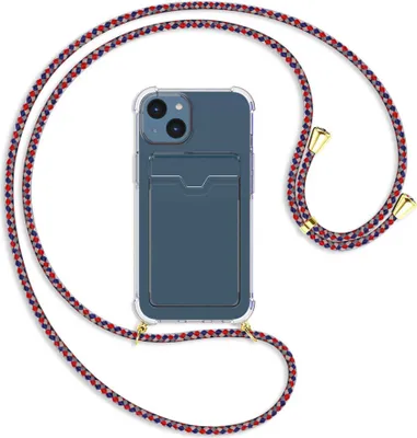 Produktbild von Handykette Backcover-Schutzhülle mit Band (Metall goldfarben) für Apple iPhone 14 (6.1'') - silber/blau/rot