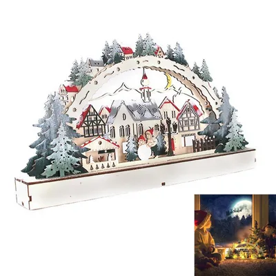 Produktbild von LED Holz Weihnachtslandschaft, Weihnachtsbeleuchtung, Batteriebetrieben, 38×21cm Schwibboge