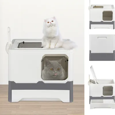 Produktbild von Katzentoilette Faltbar Katzenklo mit Haube und ausziehbarer Schale 45x35x38cm Weiß+Grau