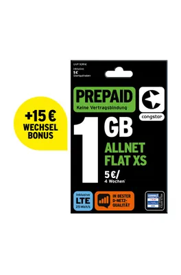 Produktbild von congstar Prepaid Allnet XS inkl. 15€ Wechselguthaben: 1 GB Datenvolumen & Flatrate für Telefonie und SMS, 5G-Speed, EU-Roaming