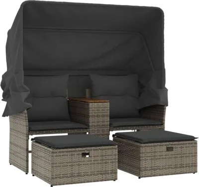 A two-seater garden sofa with a canopy and two ottomans, presented on a white background.