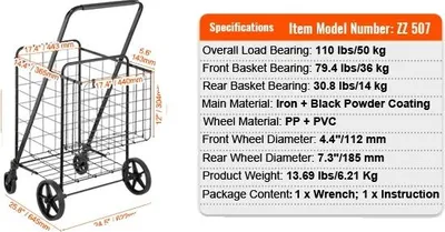 Obrázok produktu pre Skladací nákupný vozík, ťažký, 360° otočné kolesá, 106LBS