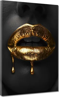 Produktbild von Goldene Lippen auf schwarzem Hintergrund Leinwandbild Wandbild XL Wanddeko: 75x100x2cm
