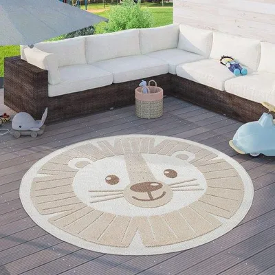 Productafbeelding van Famanu rond vloerkleed voor kinderkamers met dierenmotieven en 3D-effect - Ø 160 cm, beige